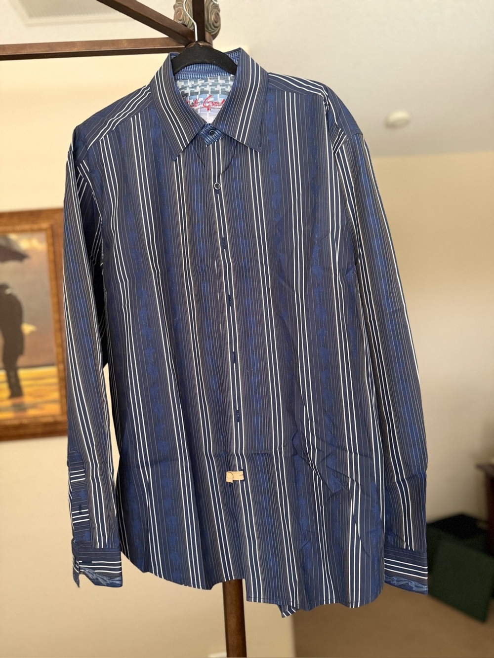 Robert Graham Navy Blue & White Vertical Stripe Dress Shirt